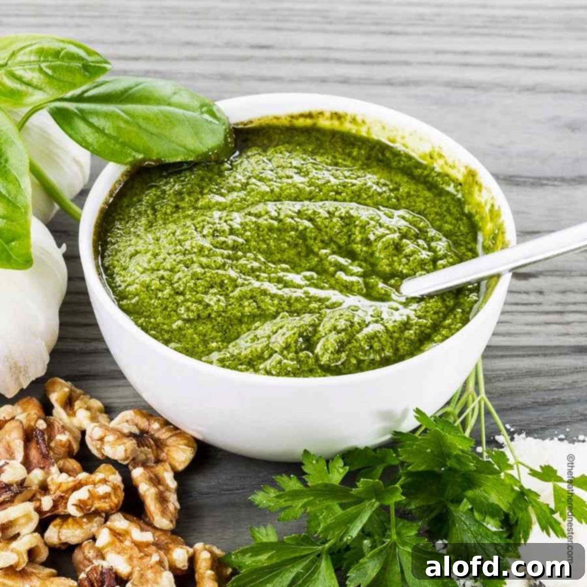 a white bowl with pesto sauce with walnuts and basil on the sides.