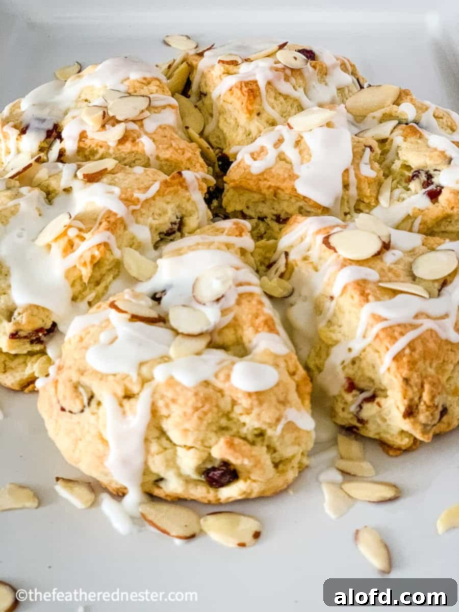 Close-up of baked cranberry almond scones recipe.