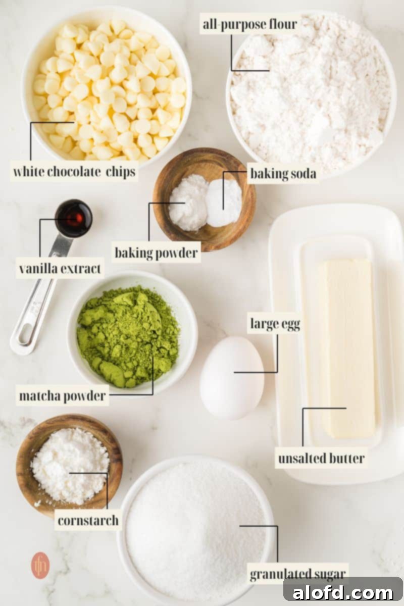 Vibrant Matcha White Chocolate Cookies 5 A visually appealing ingredient flat lay for matcha white chocolate cookies, showing all the components ready for baking.