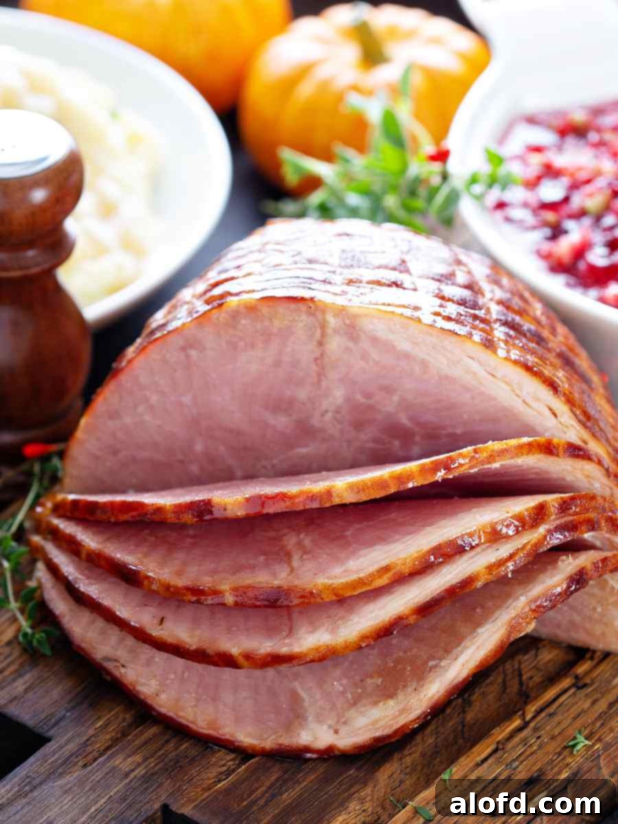 Slices of glazed ham on a serving board with various colorful side dishes around it, ready for an Easter feast.