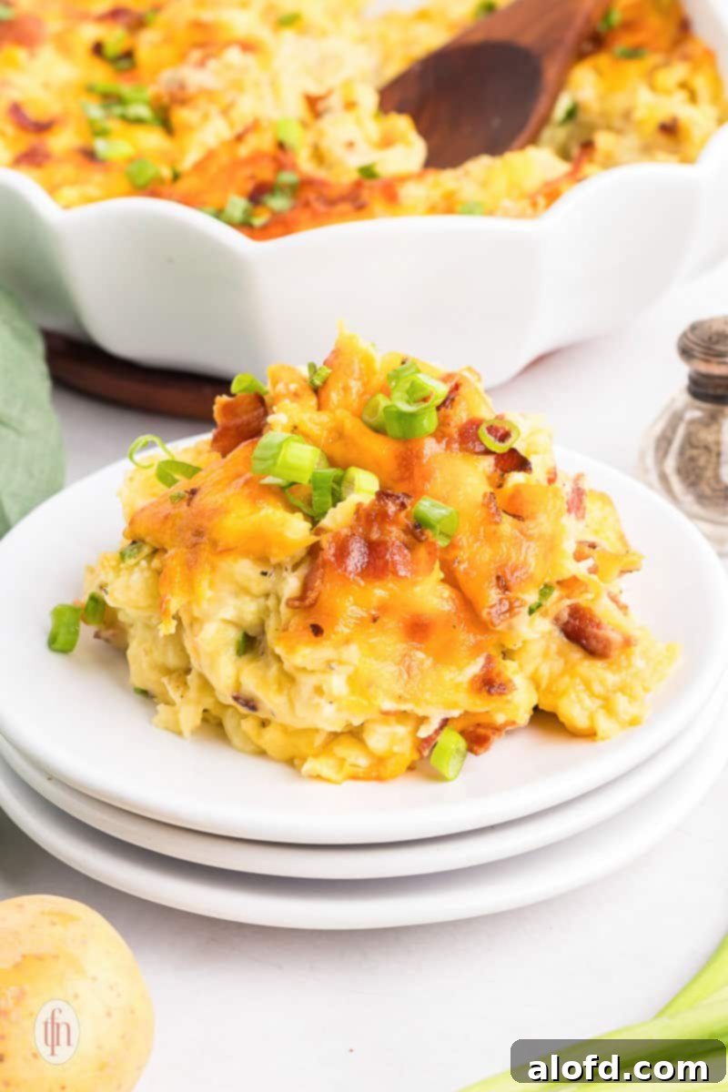 A serving of a delicious twice-baked mashed potatoes recipe presented on a pristine white plate.