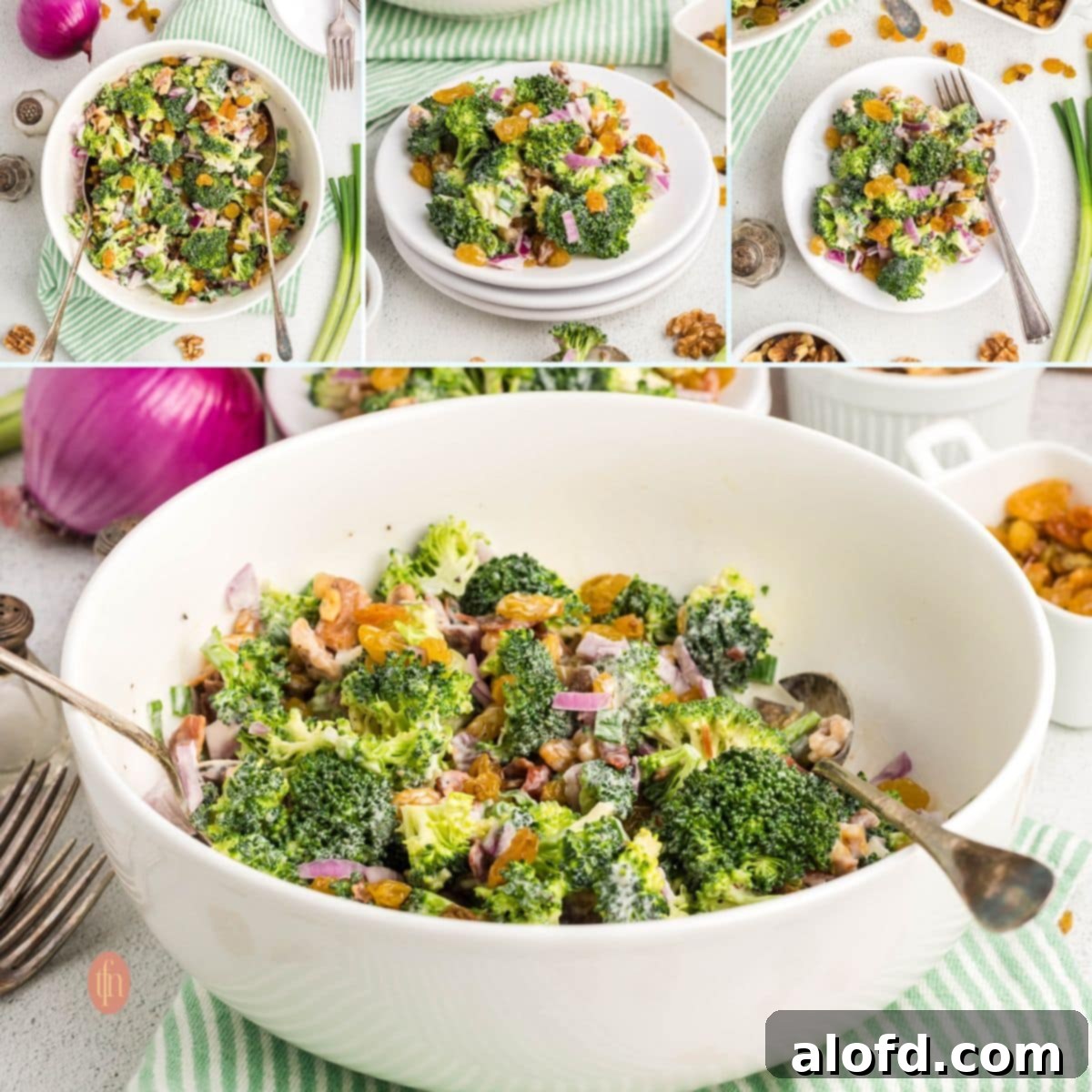 A collage of four different enticing images of broccoli raisin salad, showcasing its versatility and delicious appeal from various angles and settings.