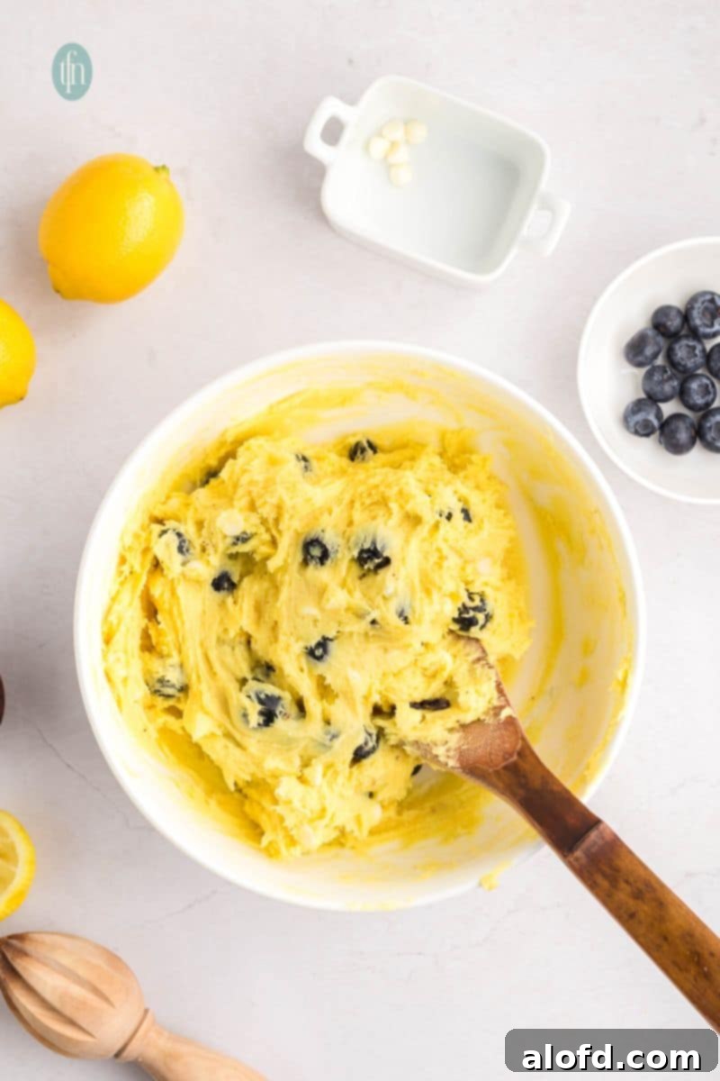 Lemon Blueberry Bliss Bites 13 Finished cookie dough with blueberries and white chocolate chips.