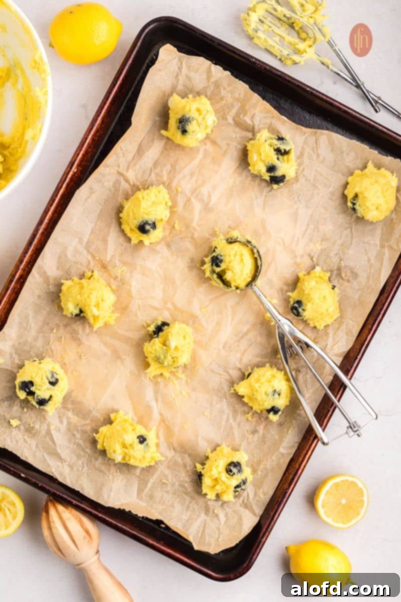 Lemon Blueberry Bliss Bites 14 Cookie dough balls on a baking sheet with a cookie scoop.