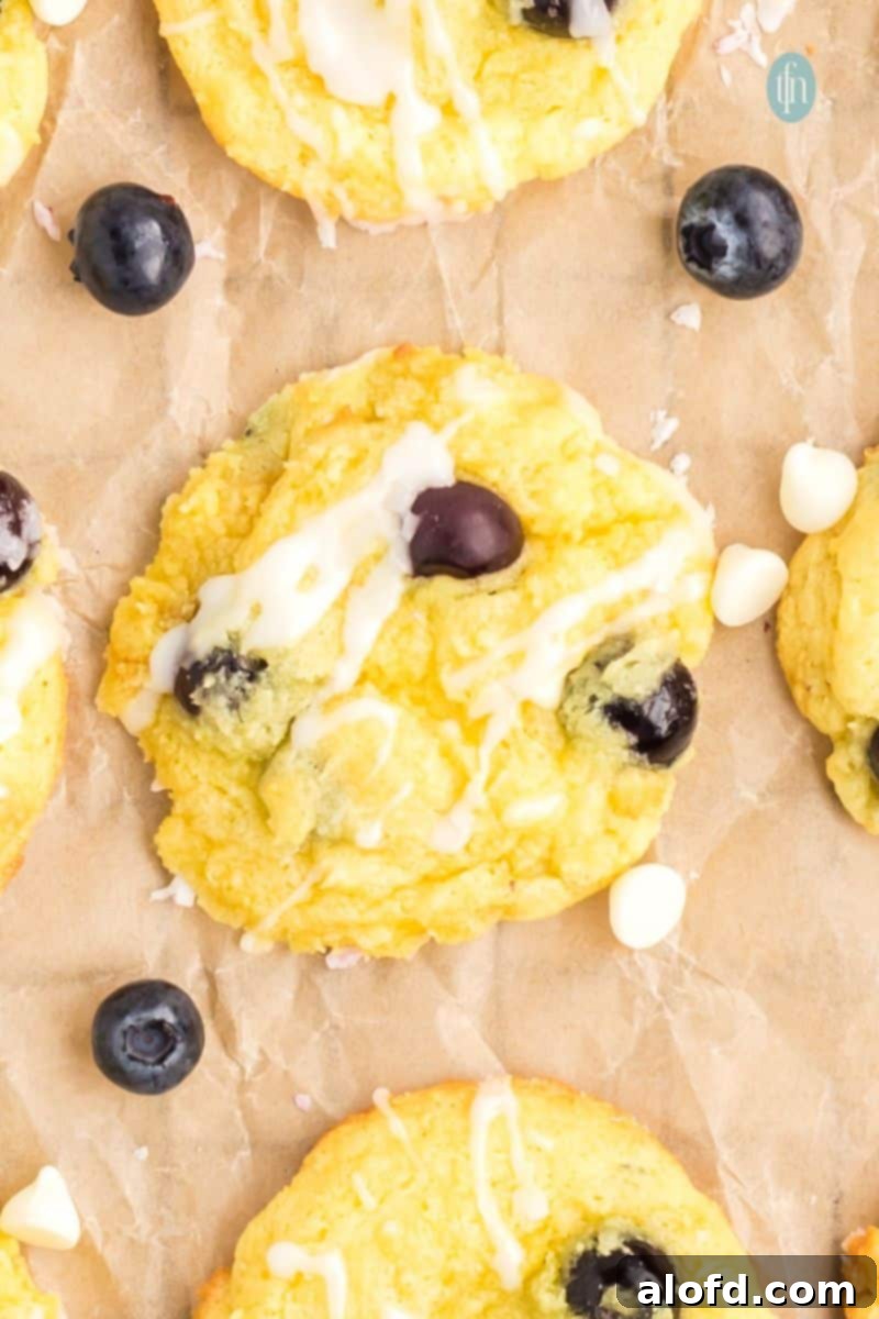 Lemon Blueberry Bliss Bites 20 A close-up of a finished lemon blueberry cookie with glaze.