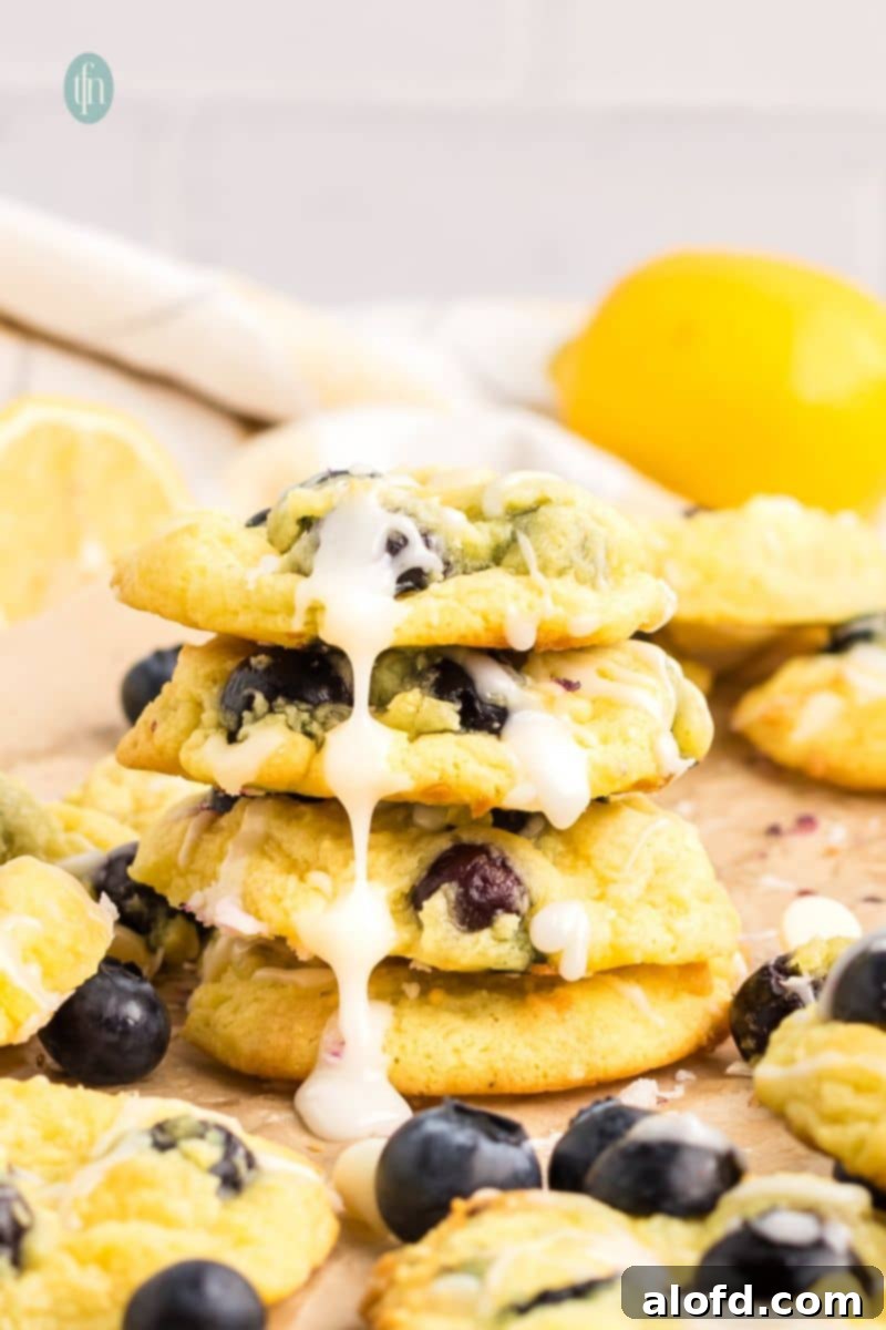 Lemon Blueberry Bliss Bites 3 A delectable stack of glazed lemon blueberry cake cookies.