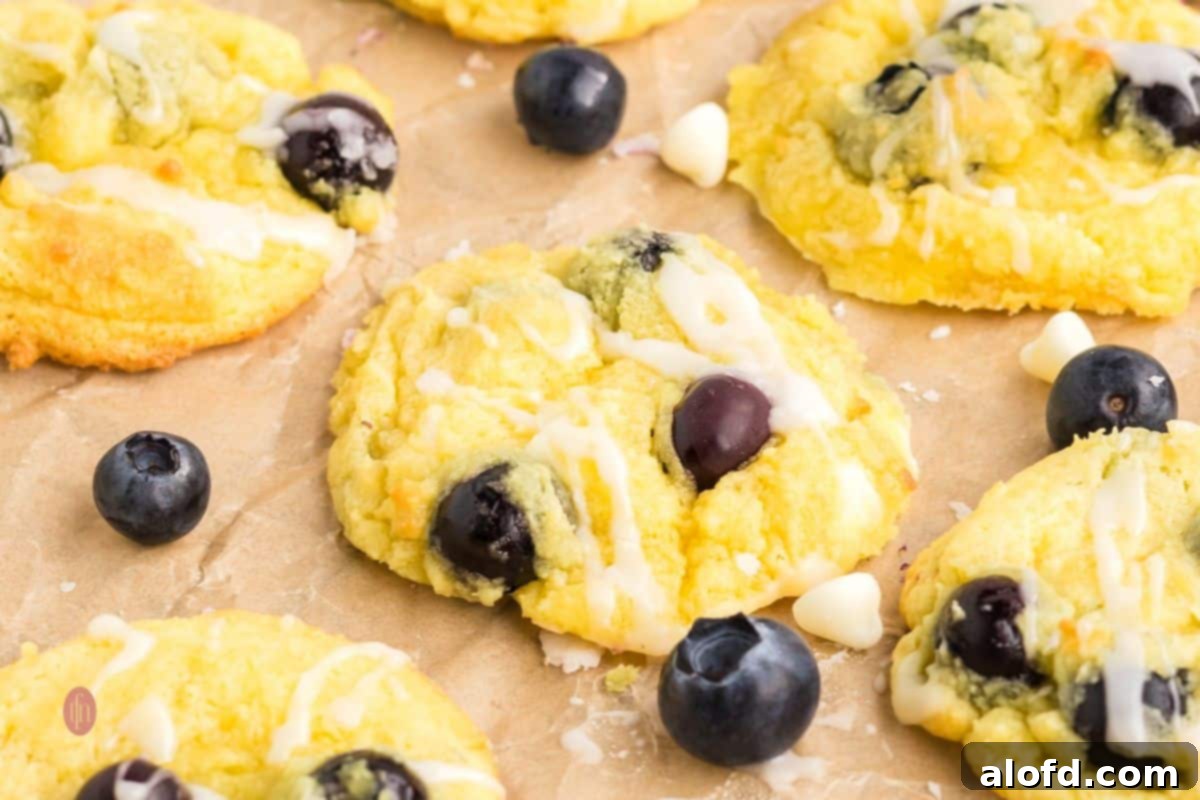 Lemon Blueberry Bliss Bites 22 Horizontal shot of a lemon blueberry cake cookie with glaze and visible blueberries.