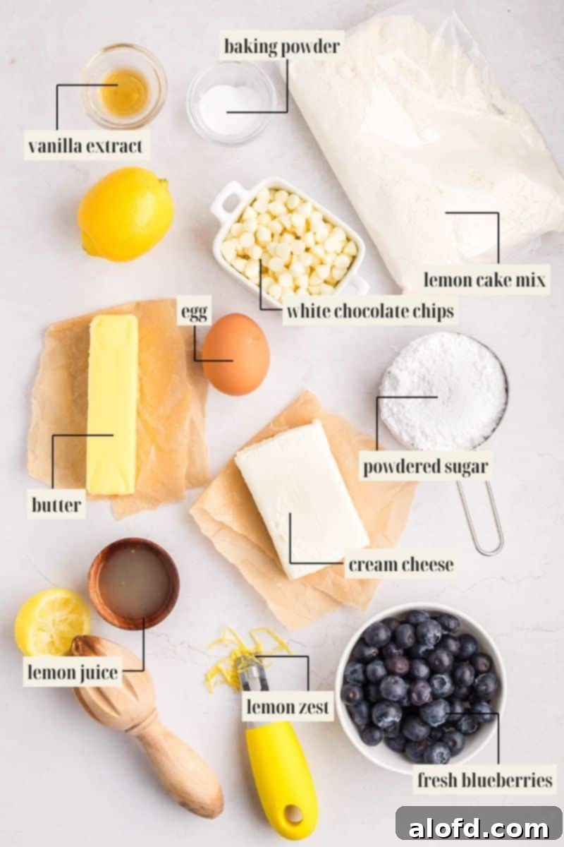 Lemon Blueberry Bliss Bites 5 Collection of ingredients for lemon blueberry cake cookie recipe, clearly labeled.