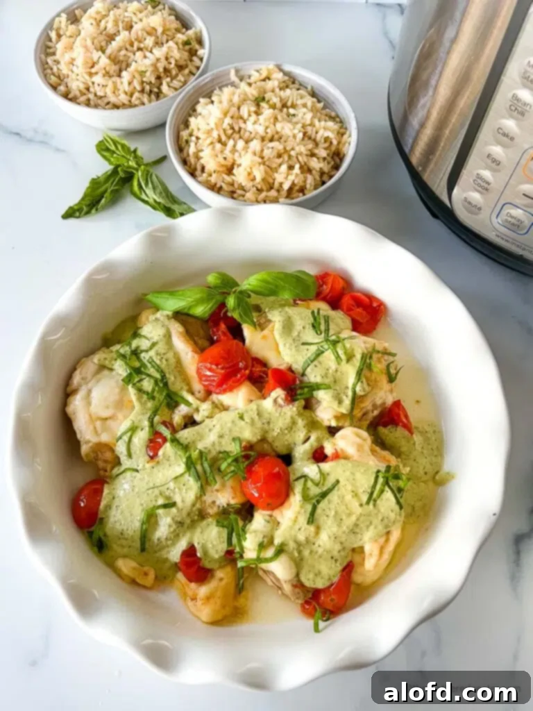 Light and Vibrant Spring Dinners 4 Instant-Pot-Pesto-Chicken in a white serving plate.