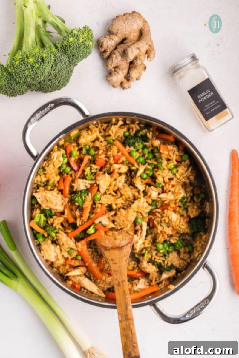 A large pan showcasing the completed chicken and rice bowl, mixed and ready to serve.