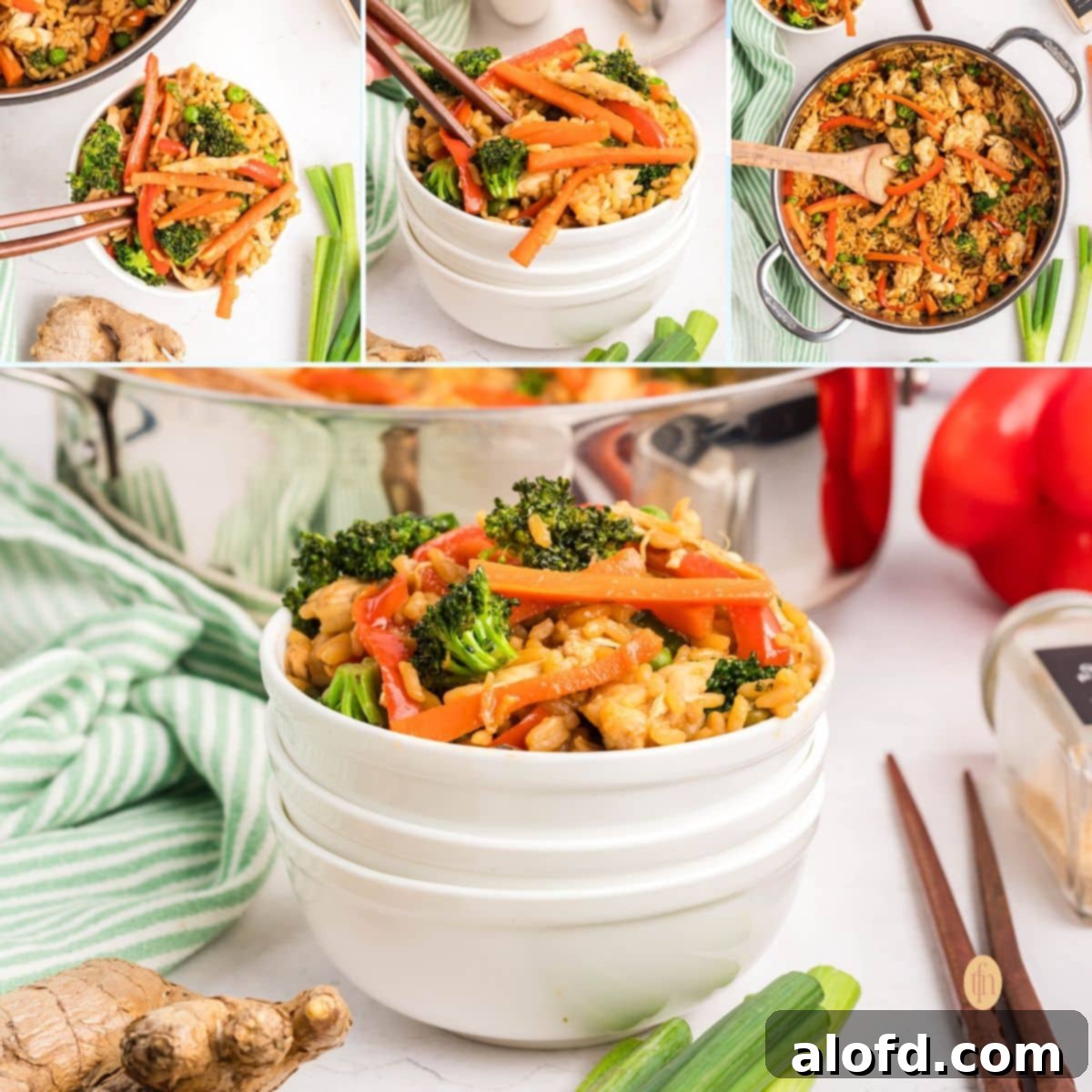 A collage of four appetizing images of the chicken and rice bowl, highlighting its freshness and appeal.