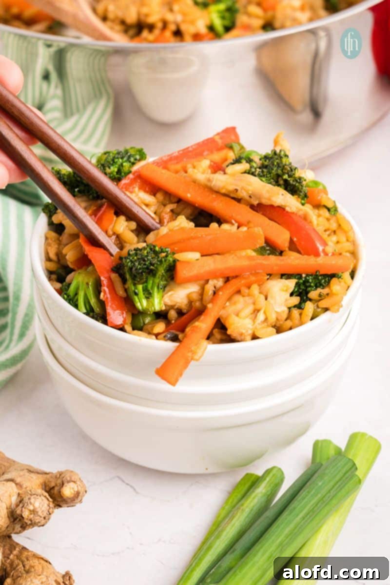 A close-up shot of a steaming hot chicken and rice bowl, showcasing the vibrant ingredients.