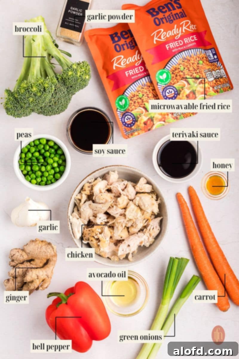 A neatly arranged flat lay of all the essential ingredients for making a chicken and rice bowl, including chicken, rice, teriyaki sauce, and fresh vegetables like broccoli, carrots, and bell peppers.