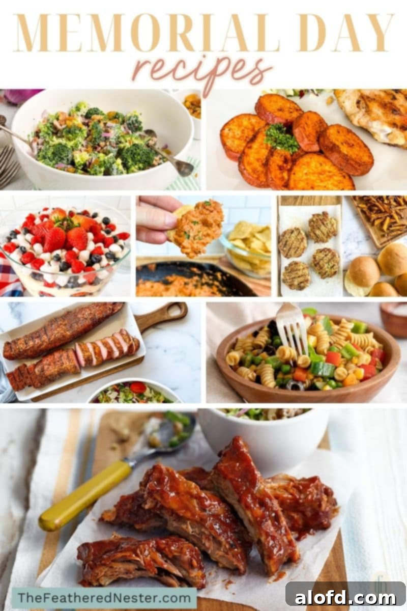 Titled graphic collage of 8 memorial day food images. A vibrant display of appetizers, main dishes, sides, and desserts perfect for a festive Memorial Day celebration.