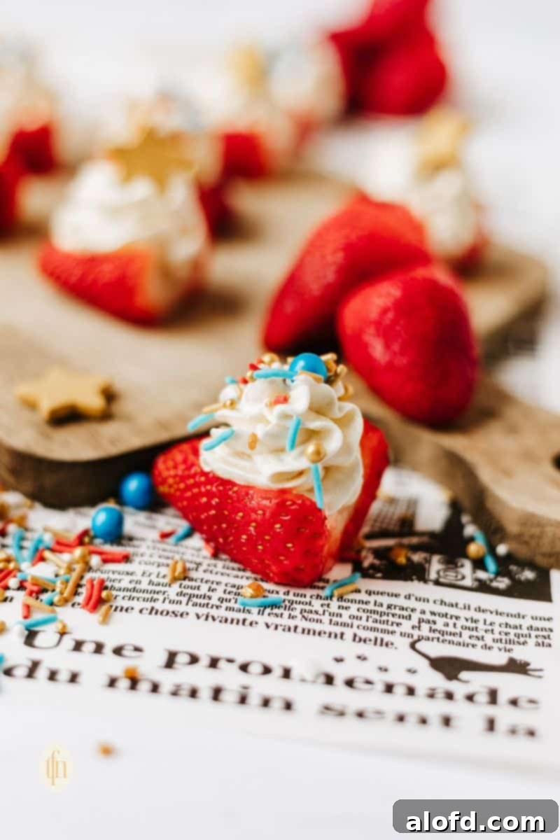 Strawberries topped with cream and sprinkles on a wooden board. A delightful and refreshing Memorial Day dessert.