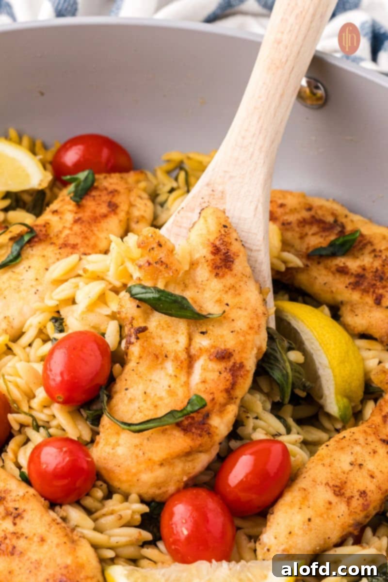 Zesty Lemon Chicken Orzo Pasta 3 A close-up shot of a scoop of lemon chicken orzo pasta on a pan, highlighting the creamy texture of the orzo, golden seared chicken, and vibrant wilted spinach, garnished with fresh basil.