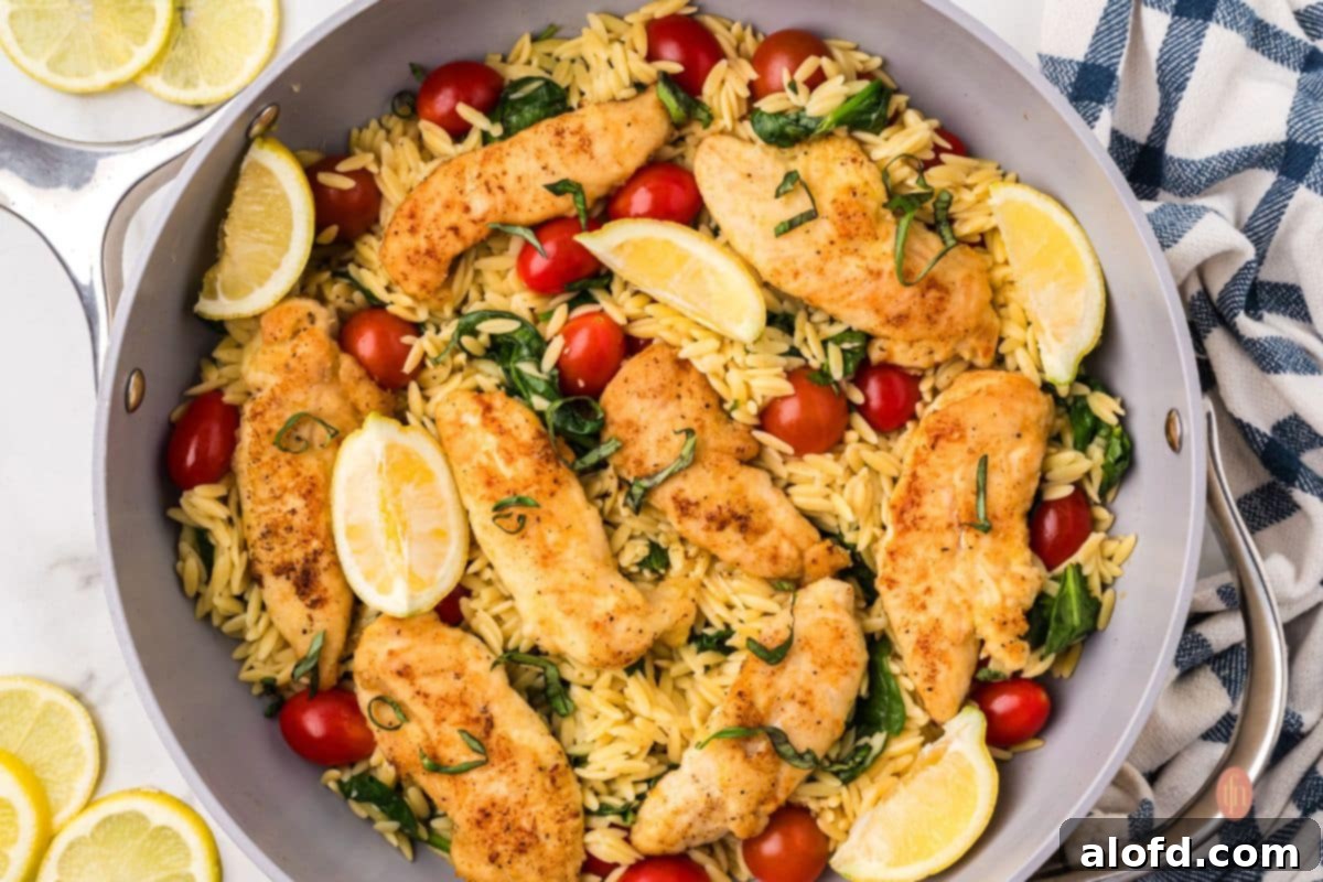 Zesty Lemon Chicken Orzo Pasta 25 A wide-angle shot of a pan filled with lemon chicken orzo pasta, richly garnished with fresh herbs and lemon, presented for a family-style meal.