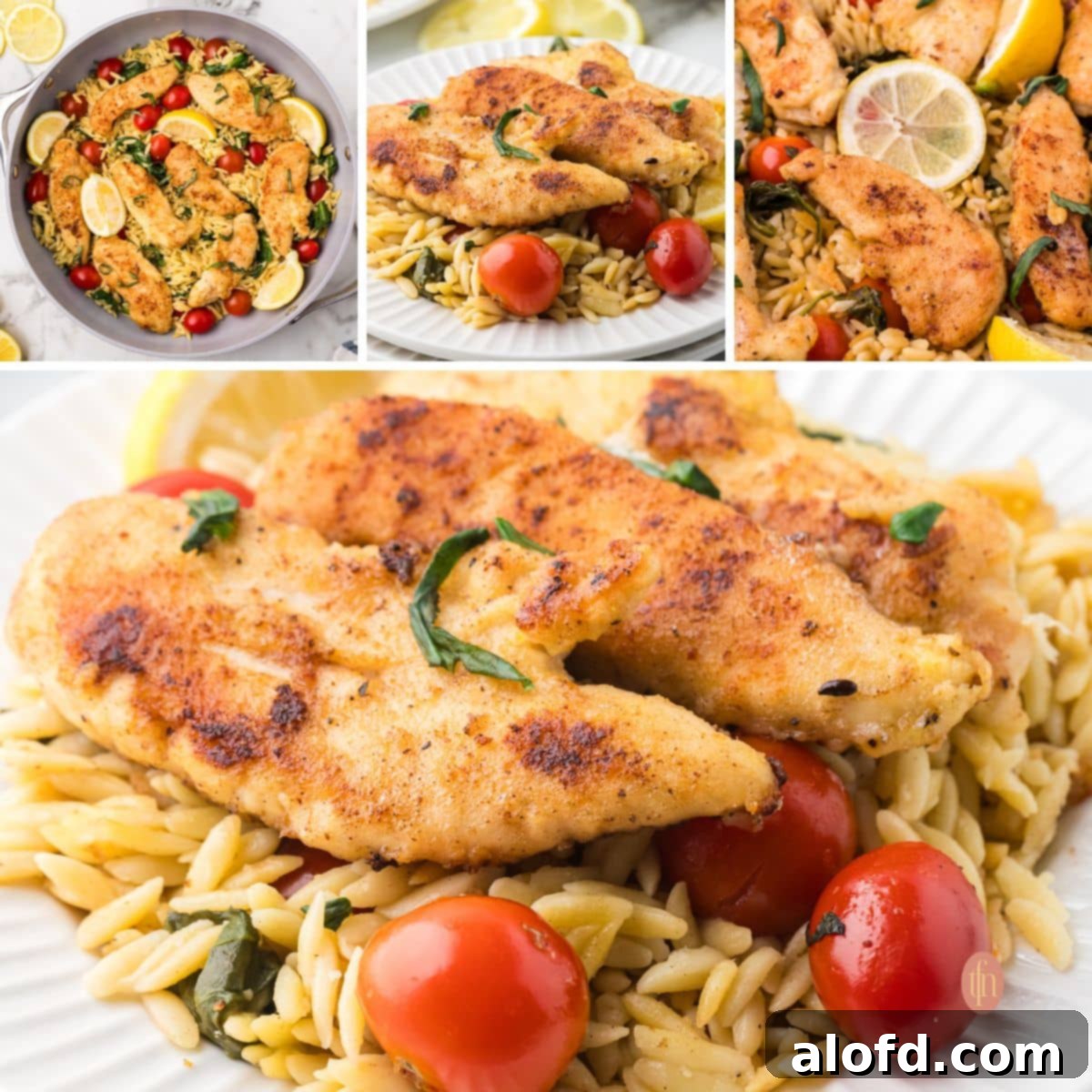 Zesty Lemon Chicken Orzo Pasta 27 A vibrant collage of four different appealing images of the lemon chicken orzo pasta, showcasing its versatility, deliciousness, and various serving presentations.