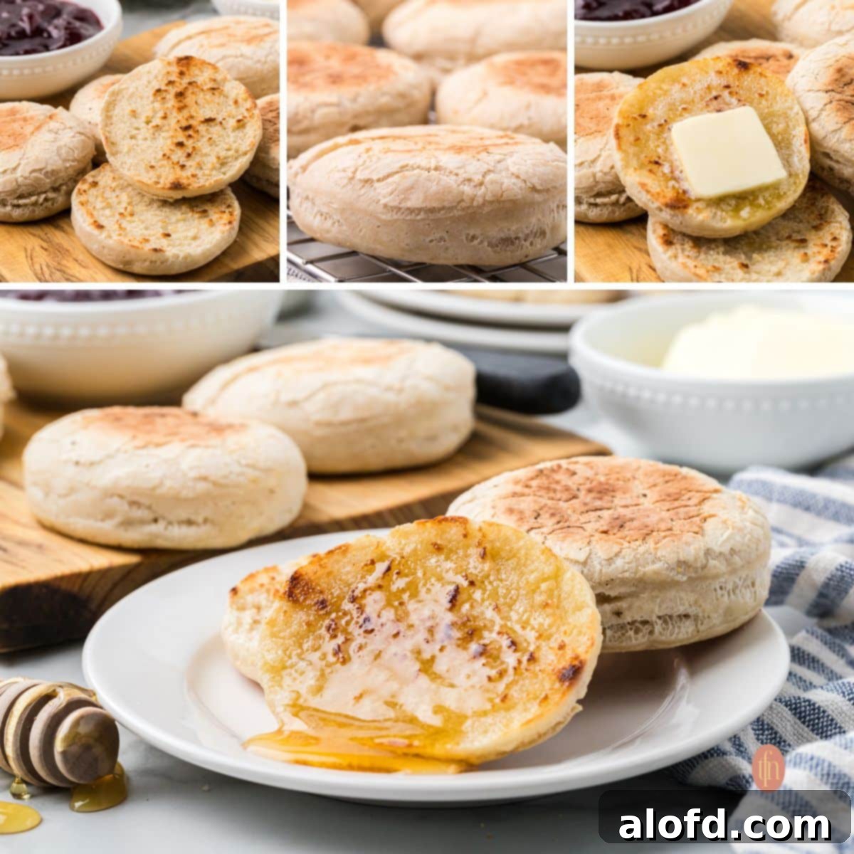 Artisan Sourdough English Muffin Bread 27 A collage of four different appealing images of sourdough English muffins, showcasing their versatility and deliciousness.