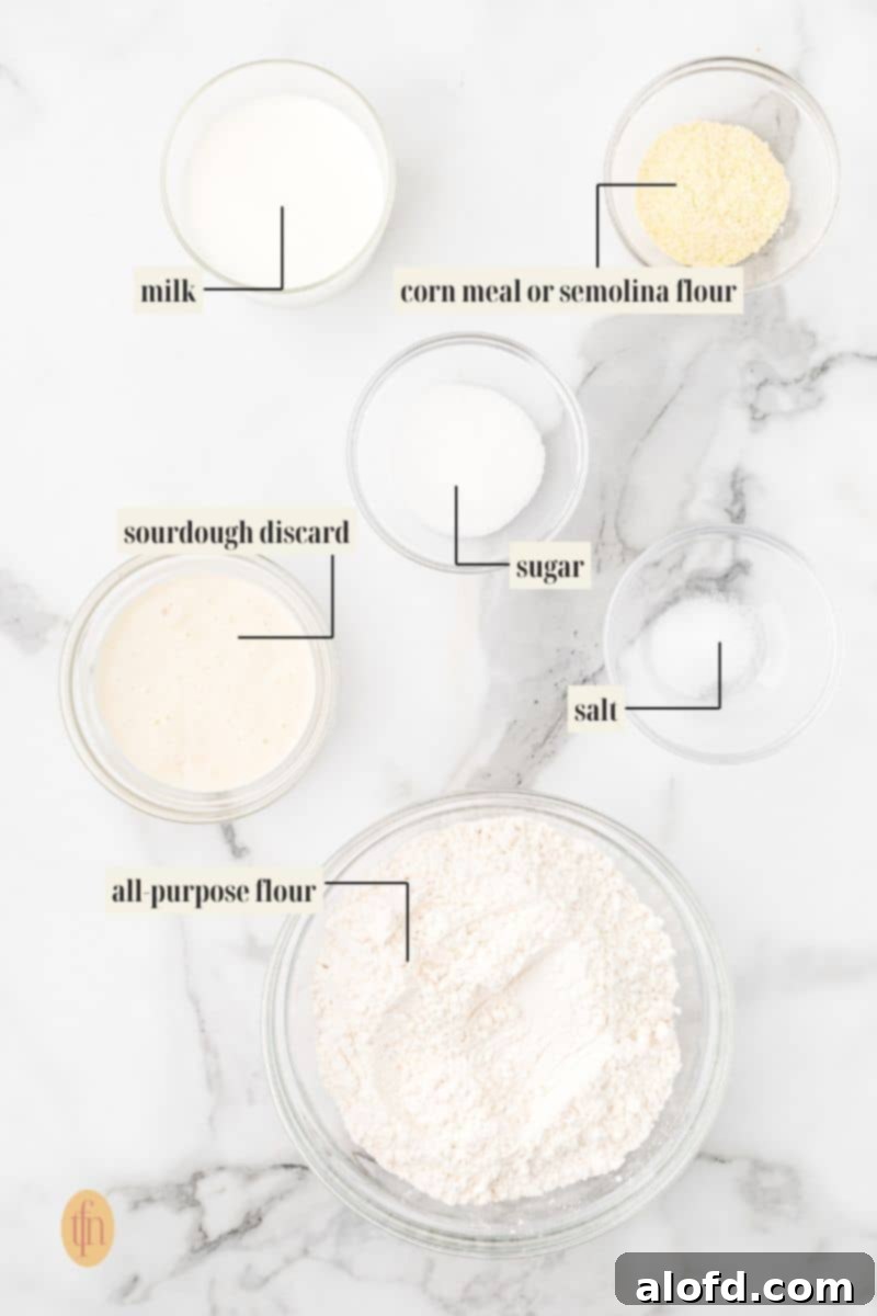 Artisan Sourdough English Muffin Bread 5 A visually appealing labeled image showcasing all the ingredients required for the English muffin recipe, neatly arranged.