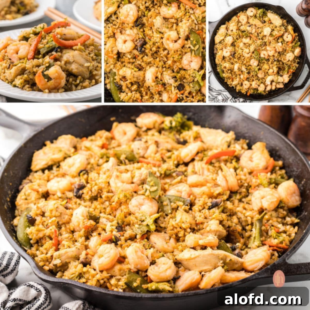 Surf and Turf Fried Rice 20 A collage of four different enticing images of shrimp and chicken fried rice, highlighting its appeal.