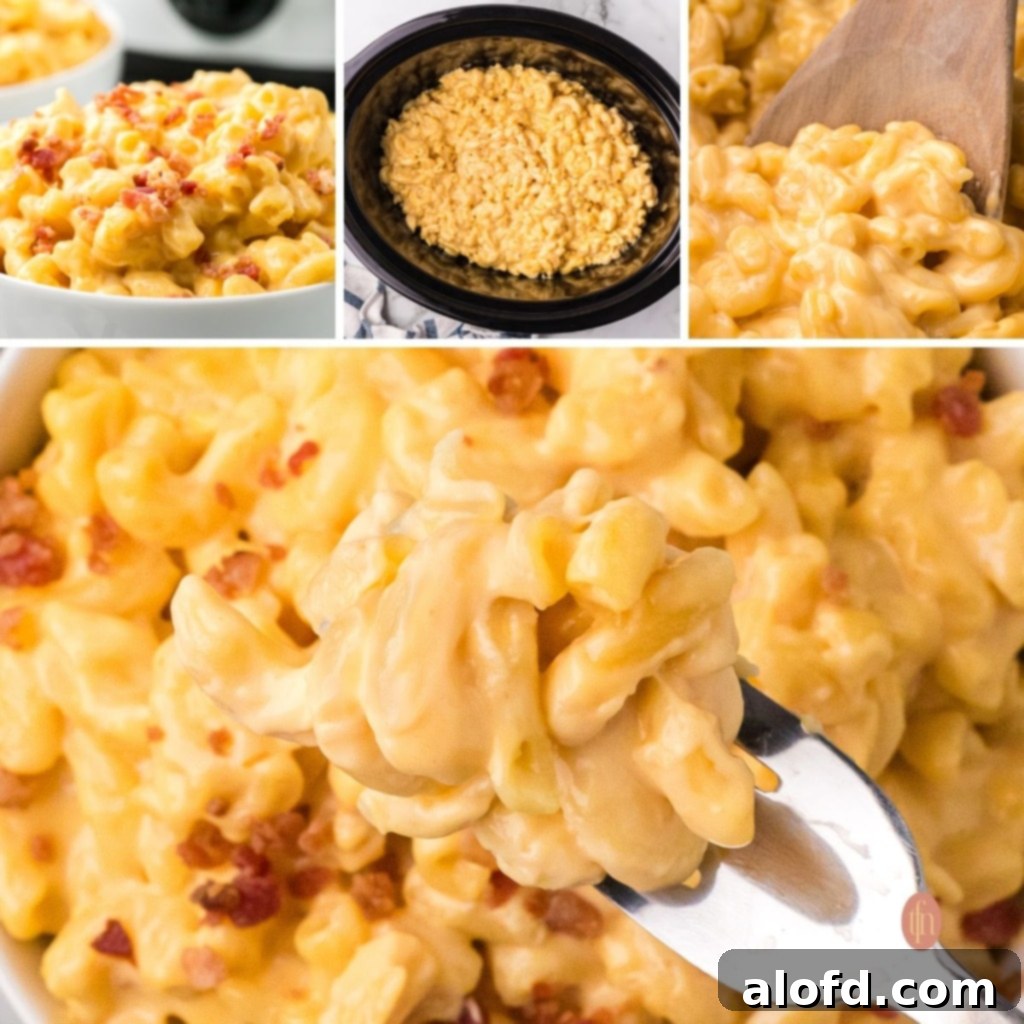 A collage of 4 appealing images of Velveeta mac and cheese, showcasing different angles and serving suggestions.