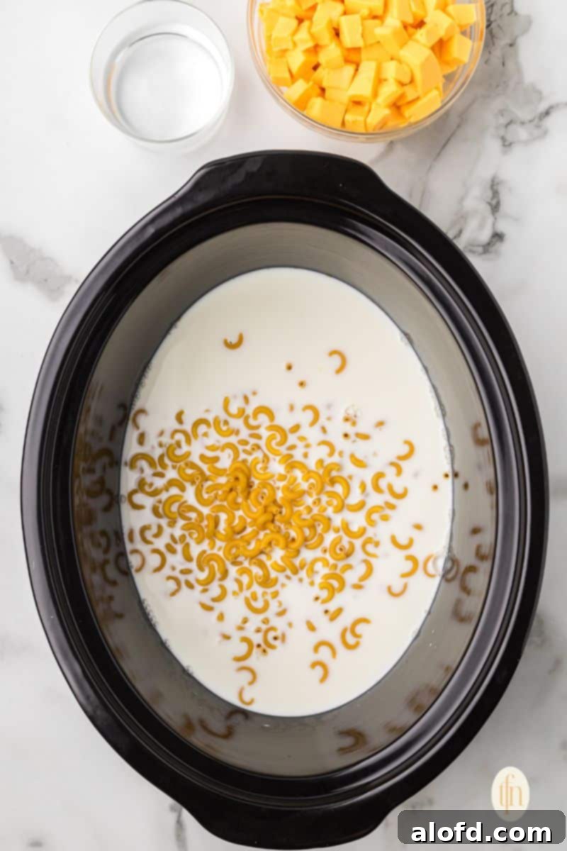 Crock pot with macaroni and milk, and a bowl of water and cheese cubes.