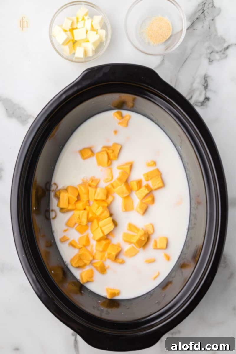 Crock pot with milk and cheese mixture, and a bowl of butter and garlic powder.
