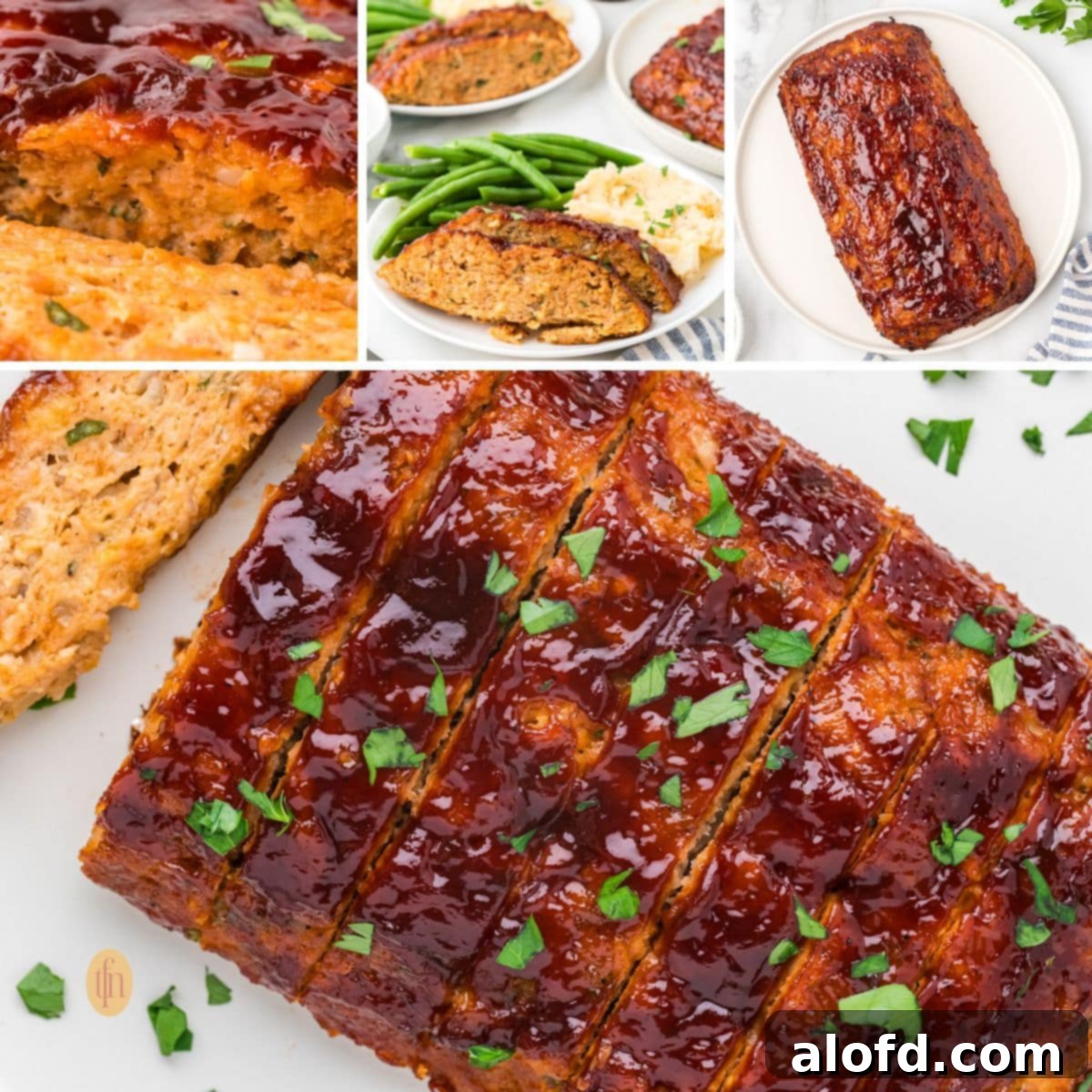 Savory Chicken Meatloaf 19 A collage of images of the finished chicken meatloaf. The large image shows the sliced, glazed loaf on a platter, and smaller inset images show close-ups and a plated serving with green beans and mashed potatoes.