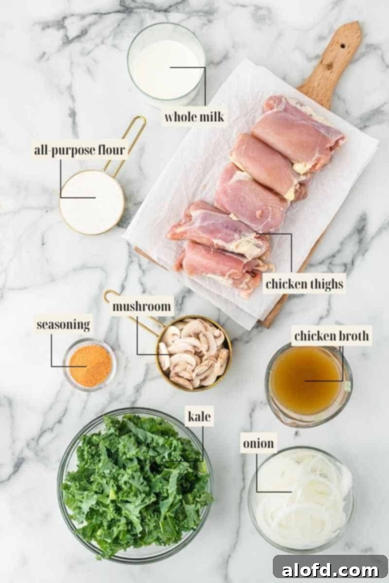 Comforting Crockpot Smothered Chicken 5 Labeled ingredient image for chicken mushroom crock pot recipe, showing fresh and pantry staples.