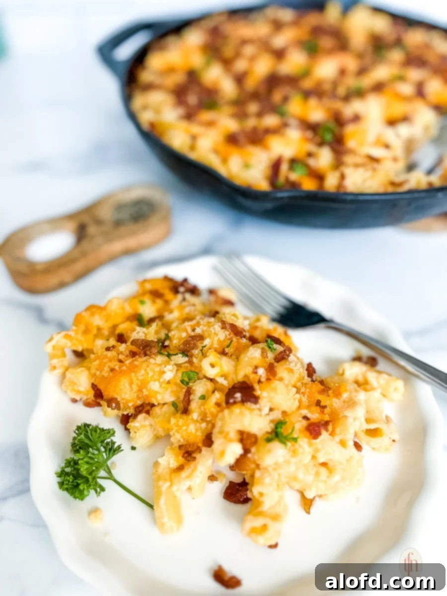 Single serving of pasta with cheese and bacon. Skillet with more of the pasta casserole in the background.