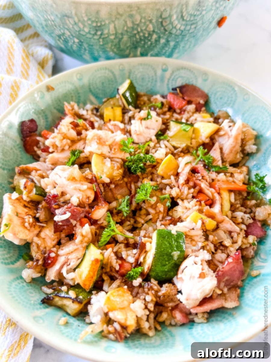 a bowl of chicken fried rice.