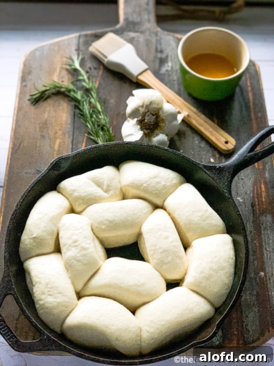 Cast iron skillet with unbaked frozen dough for rolls, arranged neatly and ready for the thawing and rising process.