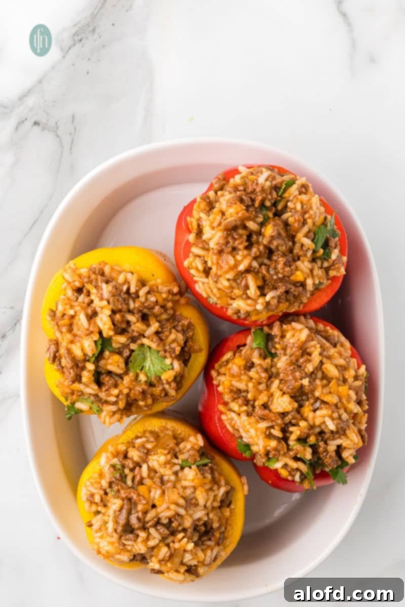 Loaded Taco Peppers 12 Four bell pepper halves (two red and two yellow) are filled with the ground beef and rice mixture and arranged neatly in a white oval baking dish, ready for the final touches before baking.