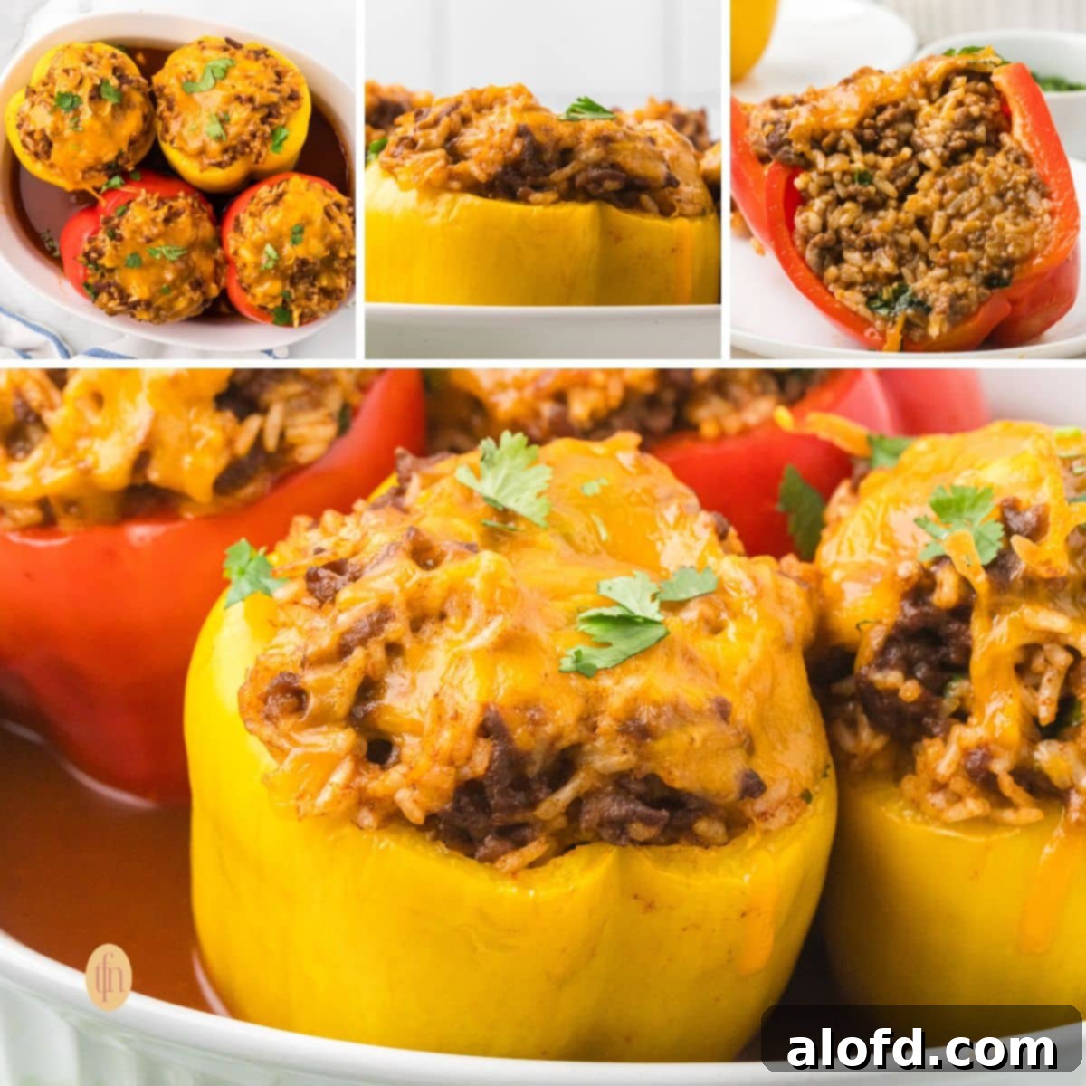 Loaded Taco Peppers 19 A collage of images of baked taco stuffed peppers. The bottom image is a close-up of a yellow pepper in a baking dish, and the top row shows three different views: an overhead view in the dish, a close-up of a yellow pepper on a white plate, and a cross-section of a red pepper half, showcasing the variety and appeal of the dish.
