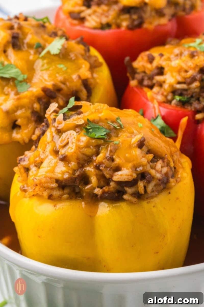 Loaded Taco Peppers 4 A close-up, angled shot of a baked yellow taco stuffed pepper in a baking dish. The pepper is topped with melted cheddar cheese and a sprinkle of cilantro, highlighting its appealing texture and rich color.