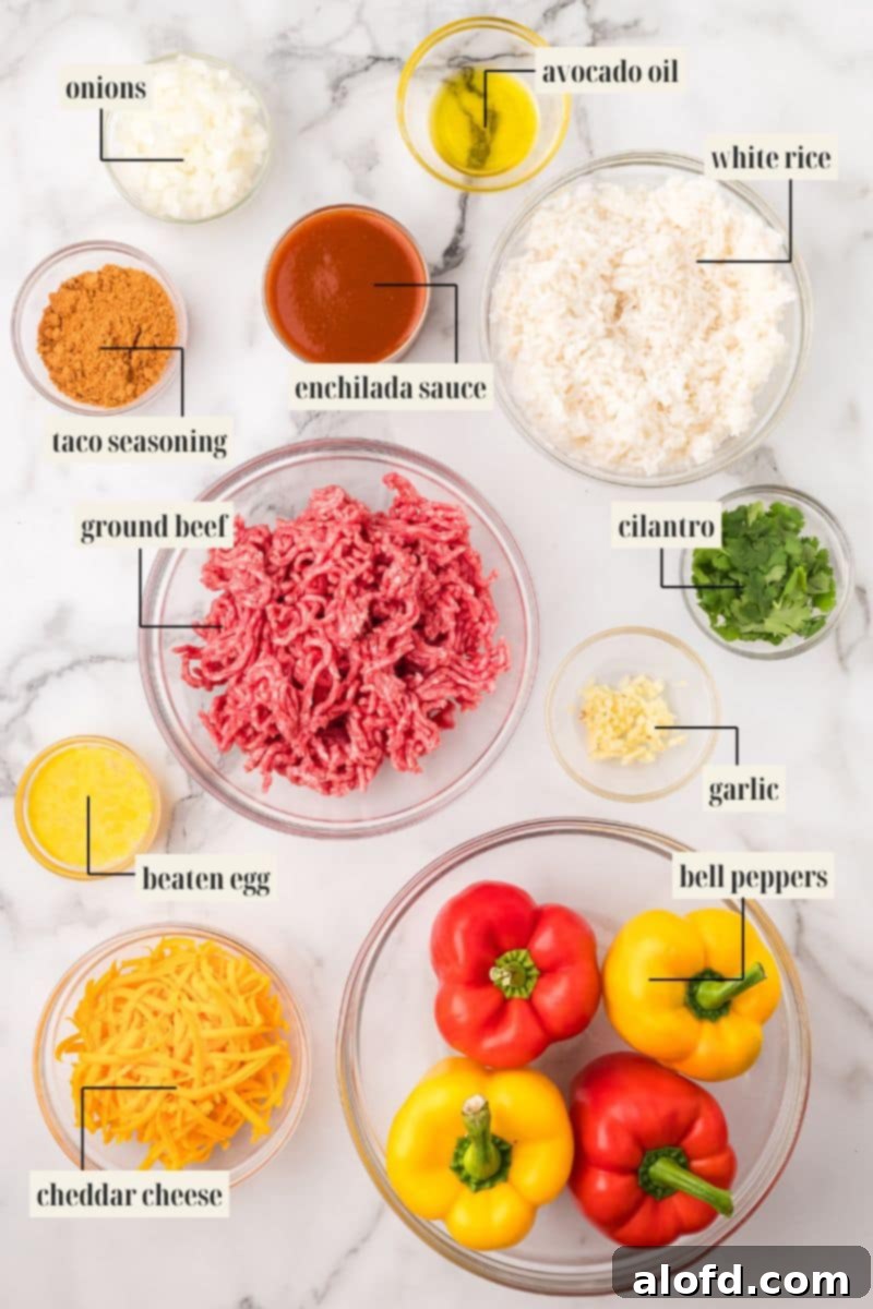 Loaded Taco Peppers 5 An overhead shot showing all the ingredients for Taco Stuffed Peppers, each labeled: chopped onions, taco seasoning, raw ground beef, beaten egg, shredded cheddar cheese, avocado oil, enchilada sauce, cooked white rice, chopped cilantro, minced garlic, and four whole bell peppers (two red, two yellow).