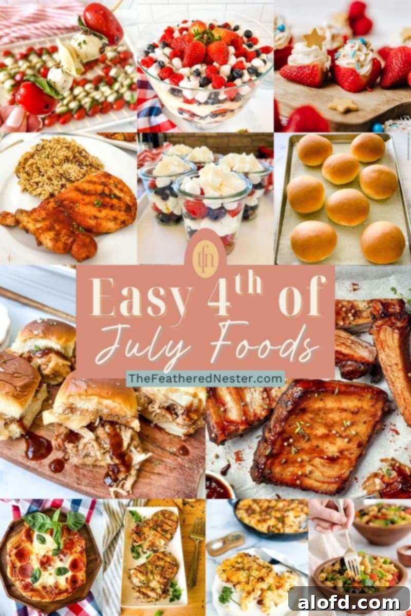 Titled graphic collage of 12 4th of July food images, showcasing a variety of easy and festive dishes.