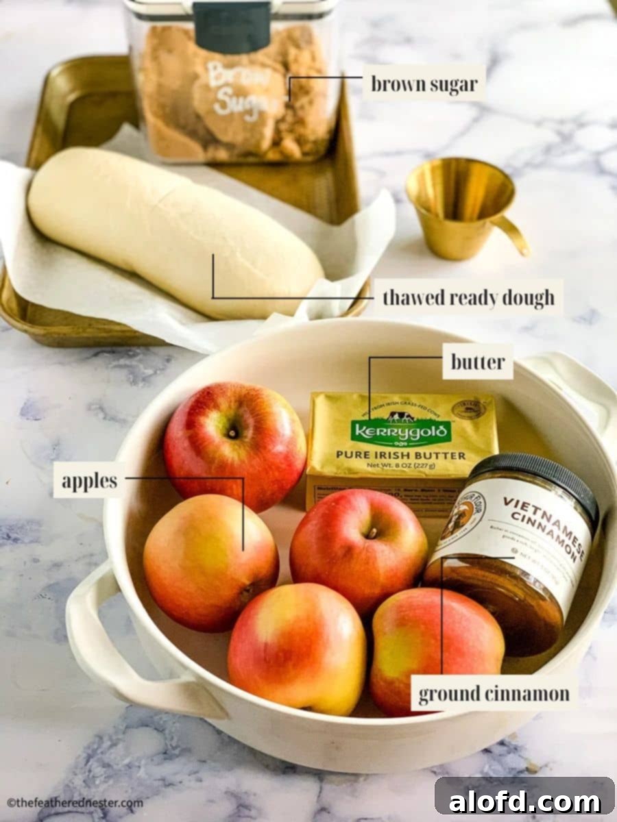 Labeled ingredient image for a simple and delicious apple fritter casserole recipe, featuring apples, dough, butter, brown sugar, and cinnamon.