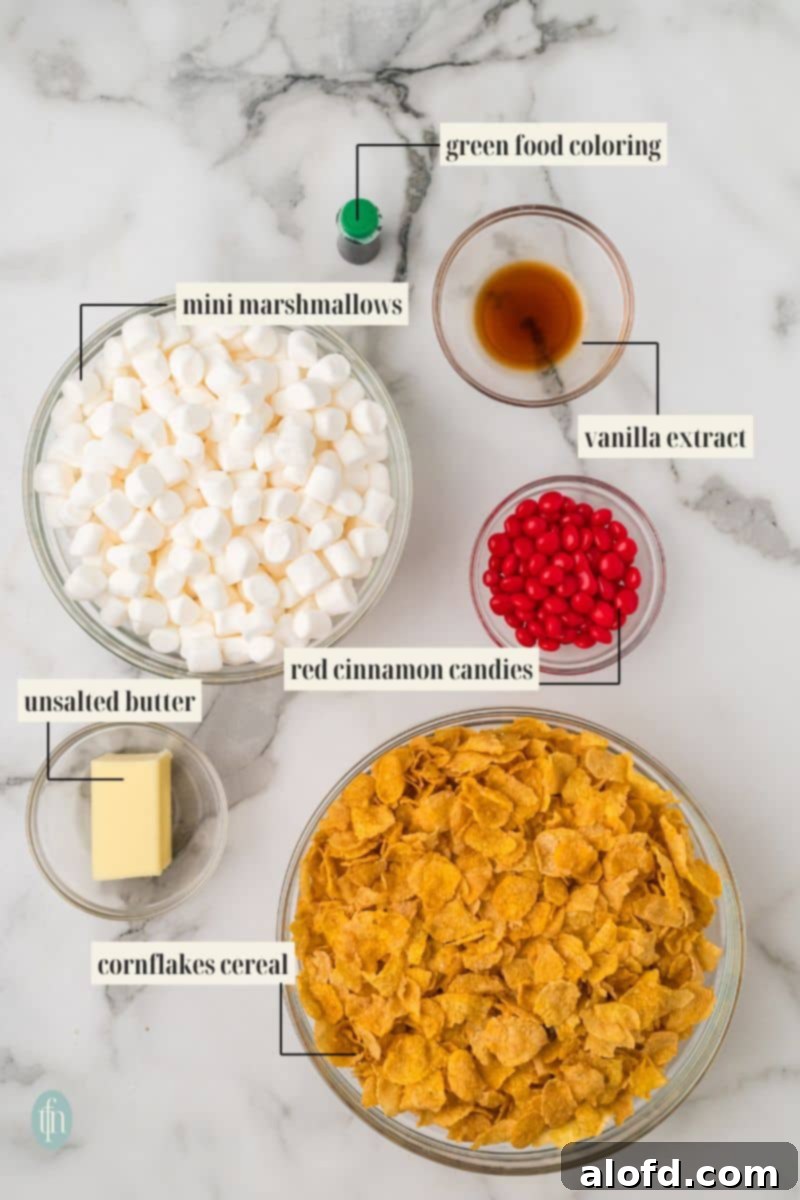 Christmas Wreath Cereal Cookies 4 All the ingredients needed to make No-Bake Christmas Cornflake Wreath Cookies: cornflakes, butter, marshmallows, food coloring, vanilla, and cinnamon candies.