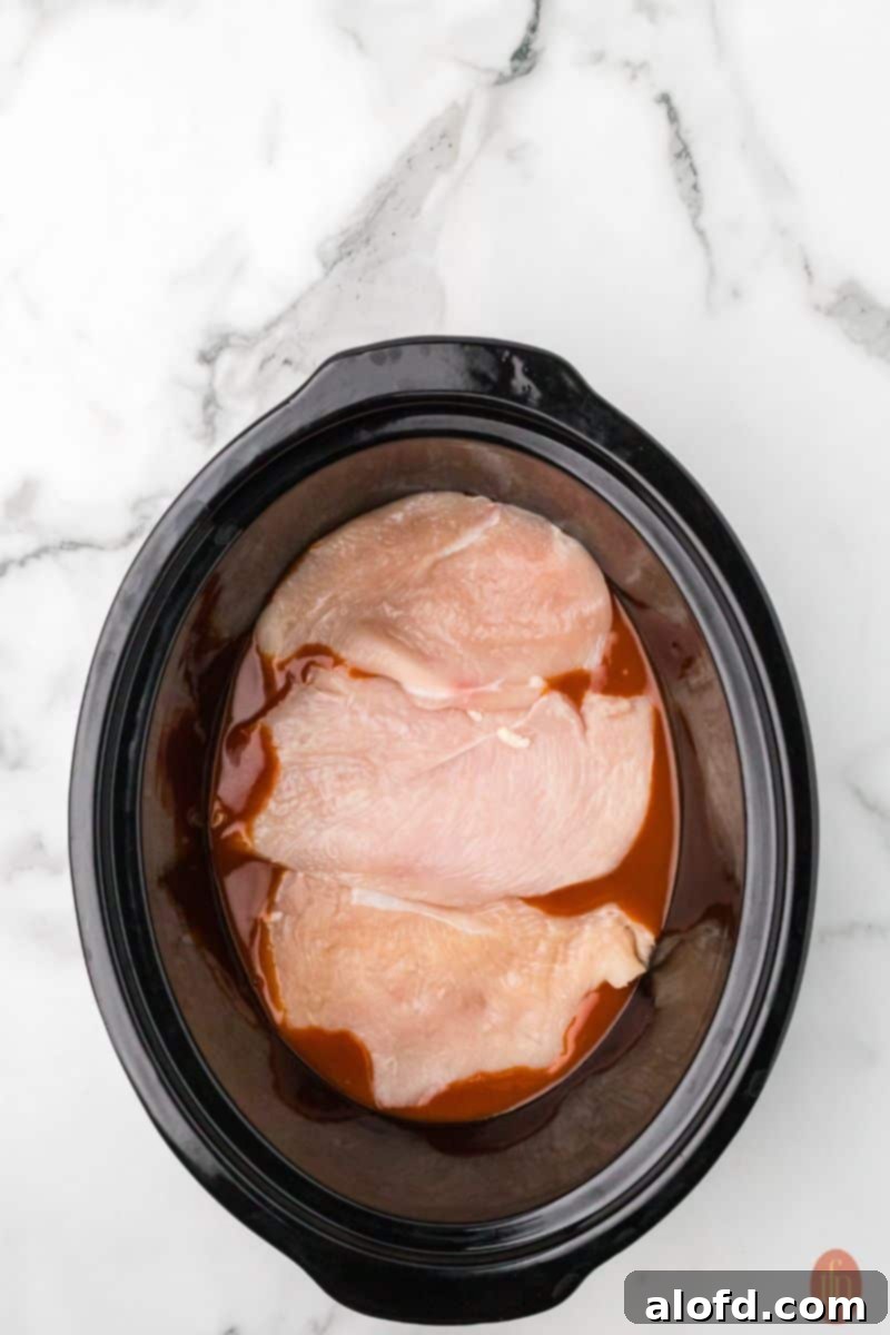 Chicken breasts covered in enchilada sauce.