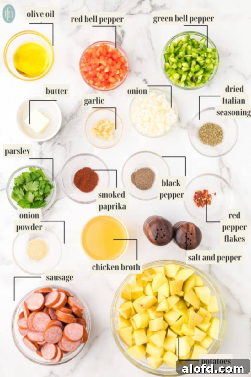 Slow-Cooker Sausage and Potato Delight 4 Labeled ingredients for slow cooker sausage and potatoes.