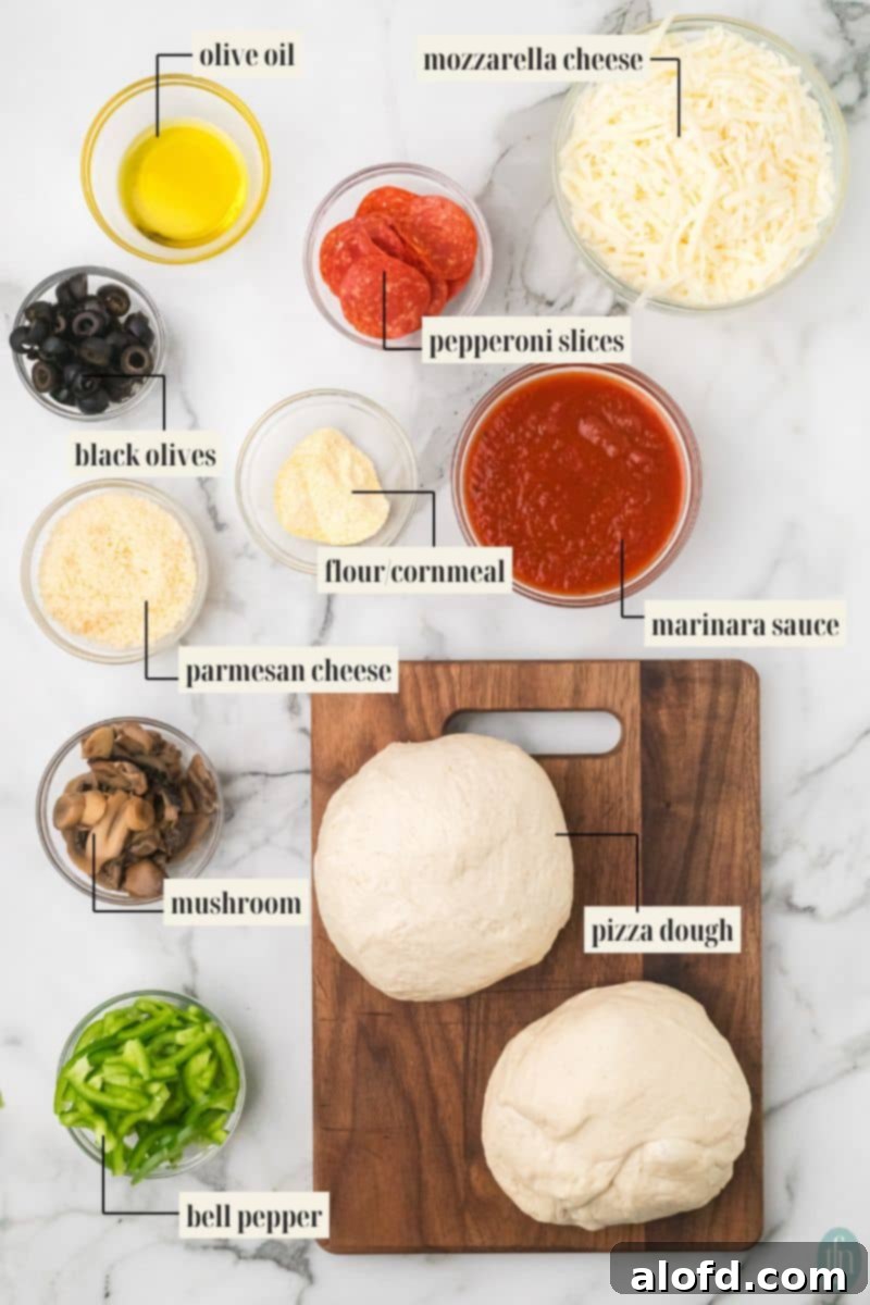 Homemade Pizza with a Crust Made from Scratch 5 Labeled ingredients for homemade pizza variations: olive oil, mozzarella, Parmesan, cornmeal, marinara sauce, dough, pepperoni, olives, mushrooms, and peppers.