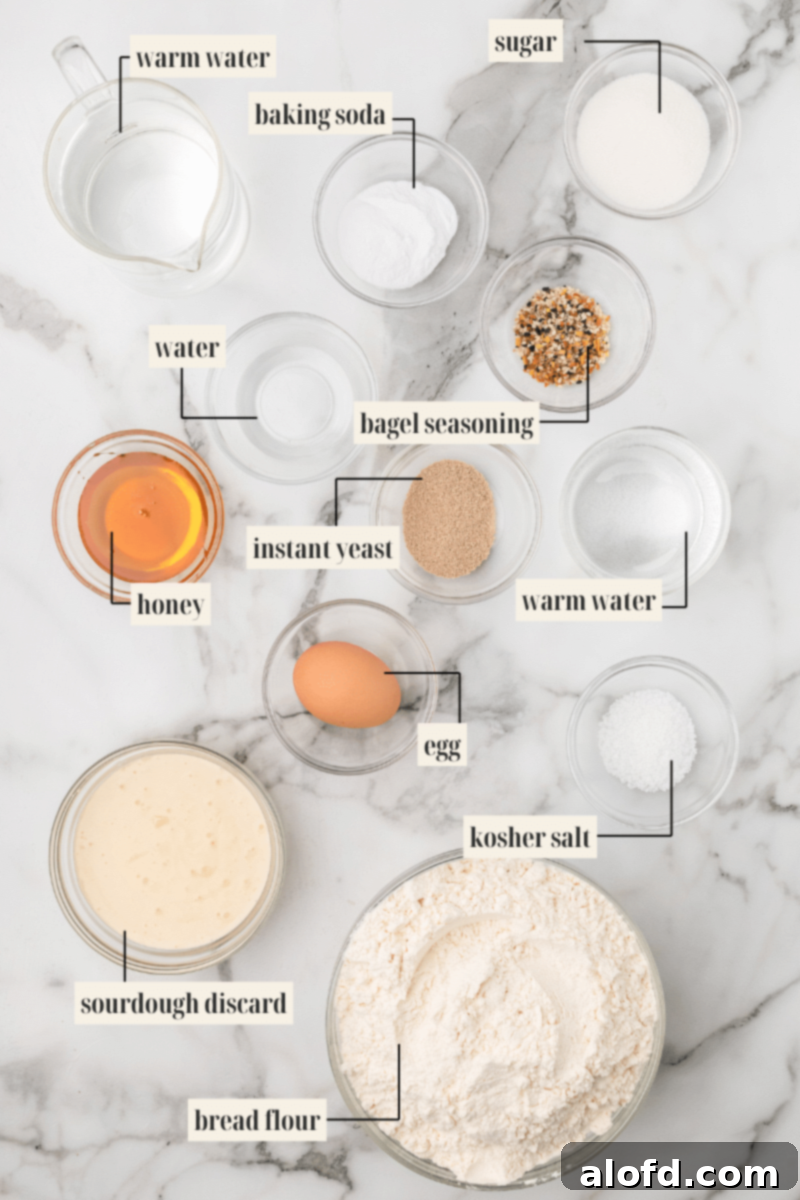 Sourdough Bagels Artisan Sourdough Bagels 4 Ingredients for sourdough bagels in small glass bowls.