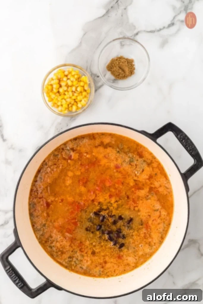 Chicken Taco Soup Delight 11 Adding corn and cumin