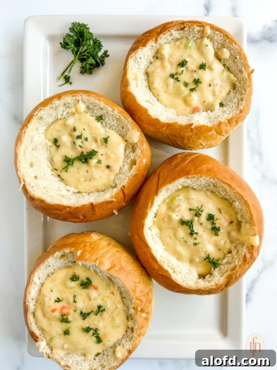 Four bread bowls filled with creamy soup, garnished with fresh herbs.