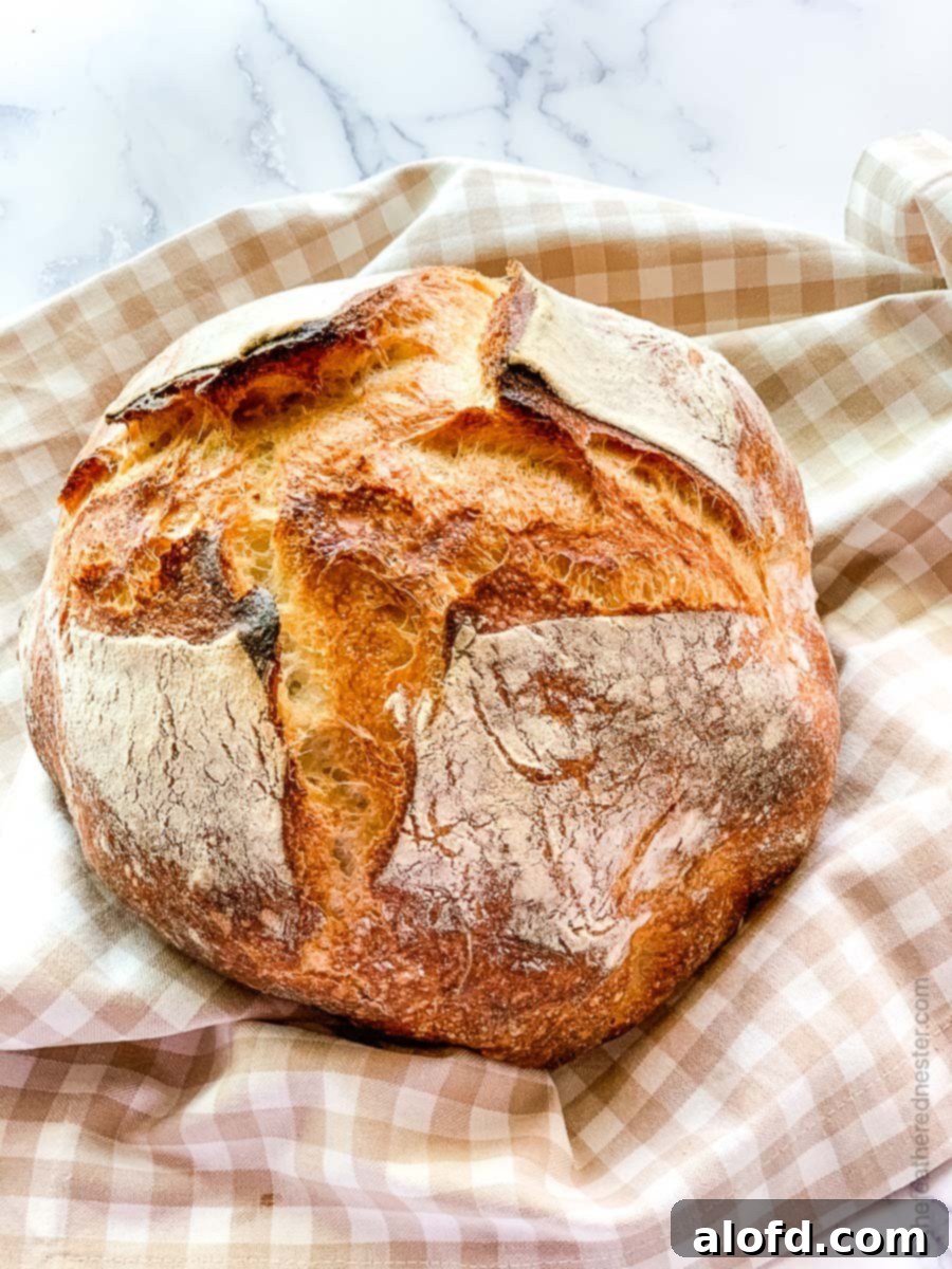 A perfectly baked loaf of sourdough bread with a golden crust.